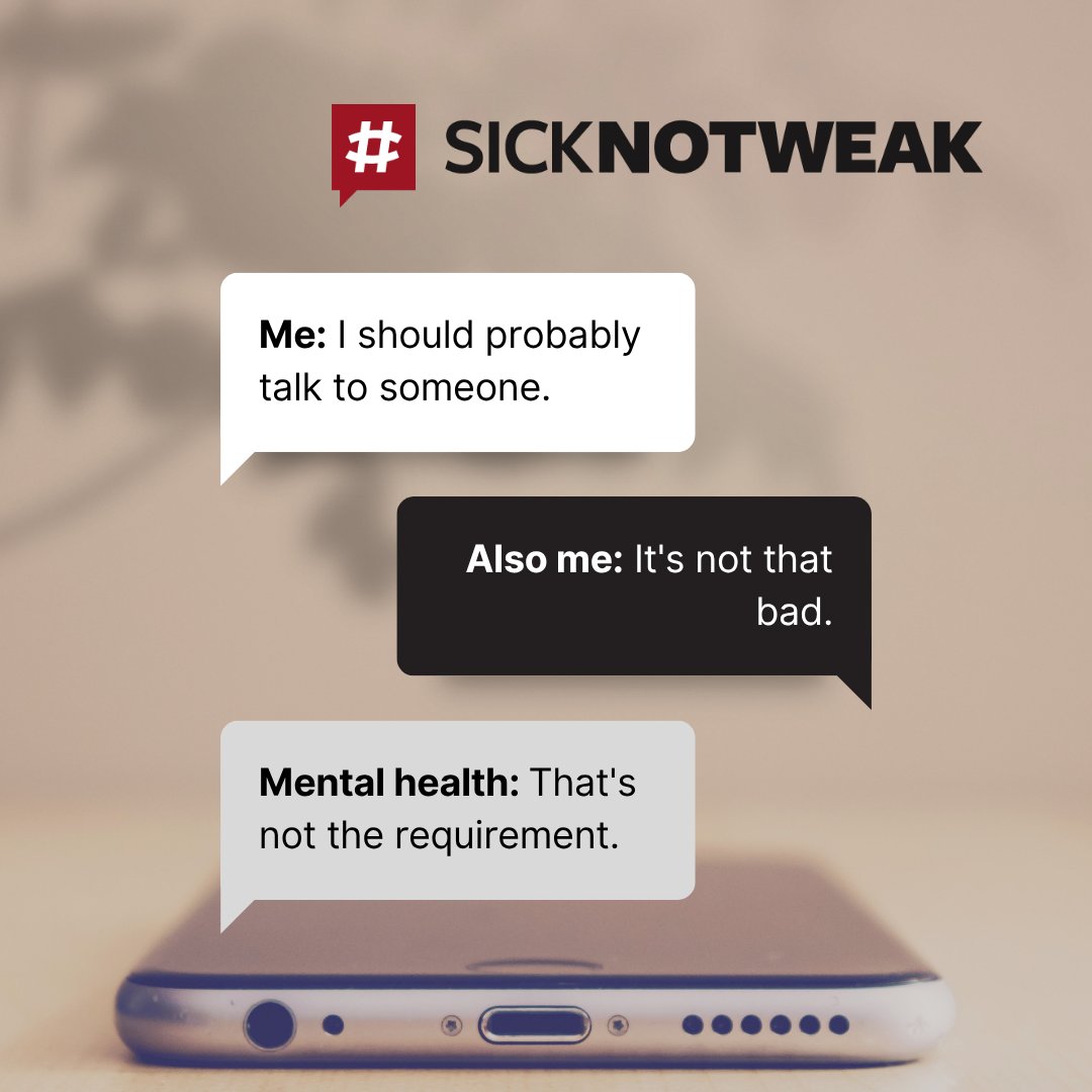 SickNotWeak's tweet photo. How many times have you told yourself, “It’s not that bad”?

You don’t have to be at your lowest point to deserve support. Sometimes recognizing that you’re struggling is enough.

What makes it hard to reach out when you know you could use some help?

#SickNotWeak https://t.co/23m33ow69z