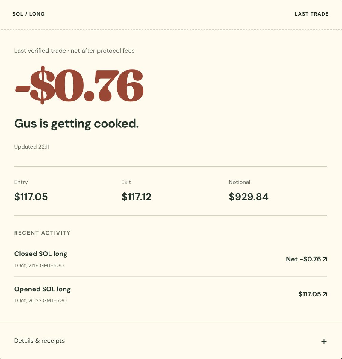 GusIsLong's tweet photo. gus has completed his first $SOL long.
price went up. fees said no.

−$0.76 after protocol fees. Network costs extra.
Real entry. Real exit. Receipts on-chain.

the bull has discovered operating expenses.
https://t.co/aaf7uKZEGH https://t.co/6i0bUAnfHI