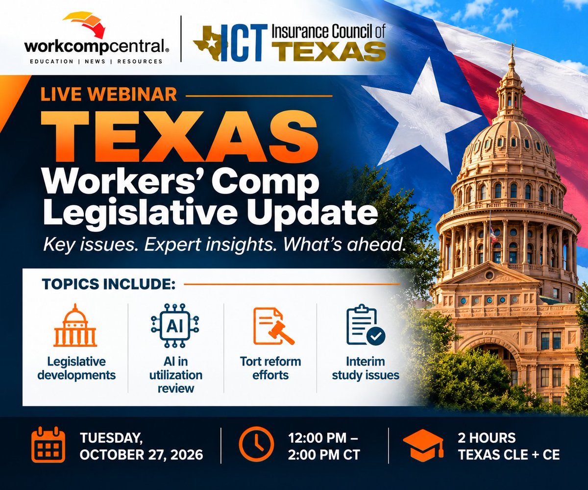 WorkCompCentral's tweet photo. AI in utilization review. Tort reform. Legislative developments. Interim studies.

There’s plenty for the Texas workers’ comp community to follow.

Join Albert Betts, Jr., Jon Schnautz &amp; Amy Lee on Oct. 27.

🎓 2 TX CLE + CE

Register: https://t.co/vDwlD6OBXt https://t.co/CxuWqQNq64