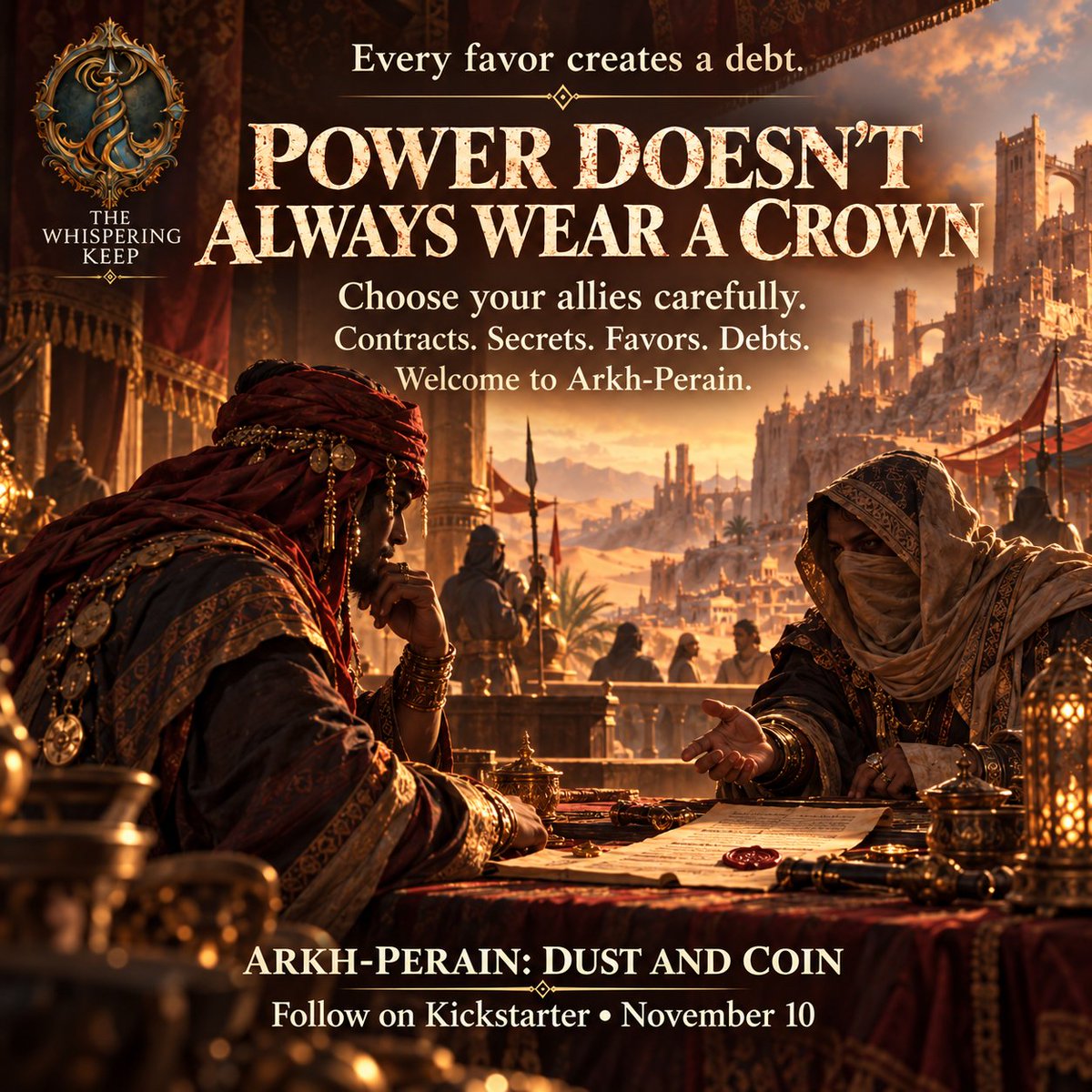 whisperingkeep's tweet photo. Who really holds the power in Arkh-Perain? Alliances, secrets, favors—and every favor creates a debt.

Would you owe a favor or reveal a secret?

Follow the Kickstarter:
https://t.co/vJFrnNgnH7

#ArkhPerain #TTRPG #FantasyRPG #KickstarterGames https://t.co/L6tYhTVYrO