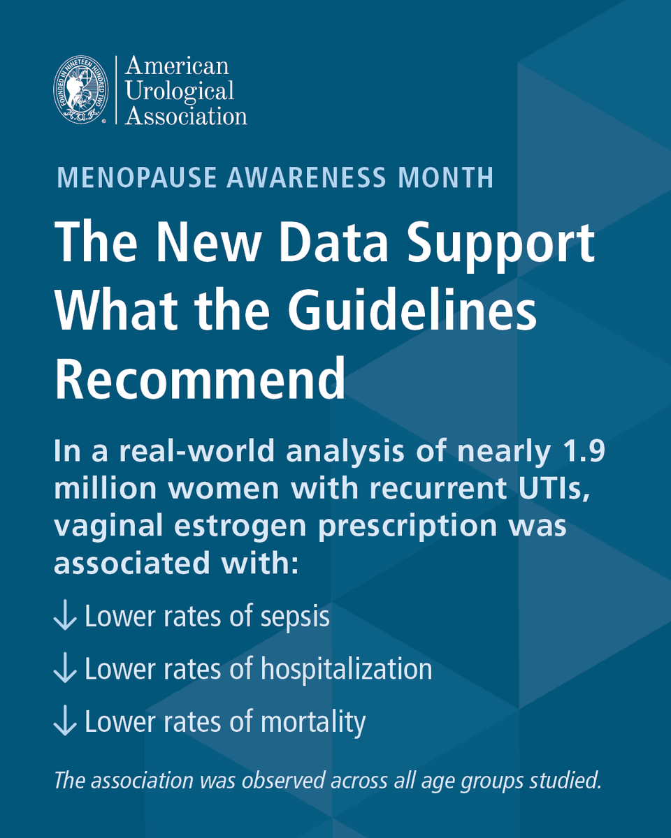 AmerUrological's tweet photo. ❓Could vaginal estrogen be doing more than preventing recurrent UTIs?

New real-world evidence by @Dr_Elise_De, suggests an association between vaginal estrogen use and lower rates of sepsis, hospitalization, and mortality among women with recurrent UTIs. The findings add to a growing body of evidence supporting the role of vaginal estrogen in appropriate patients with GSM and recurrent UTIs.

This #MenopauseAwarenessMonth, the AUA is highlighting the latest research and guideline recommendations to help urologists recognize GSM, discuss evidence-based treatment options, and improve patient care.

Swipe through for key takeaways from the data and its potential implications for GSM management, and click the link below to access our GSM Guideline!
🔗 https://t.co/vDQivxDMRj
