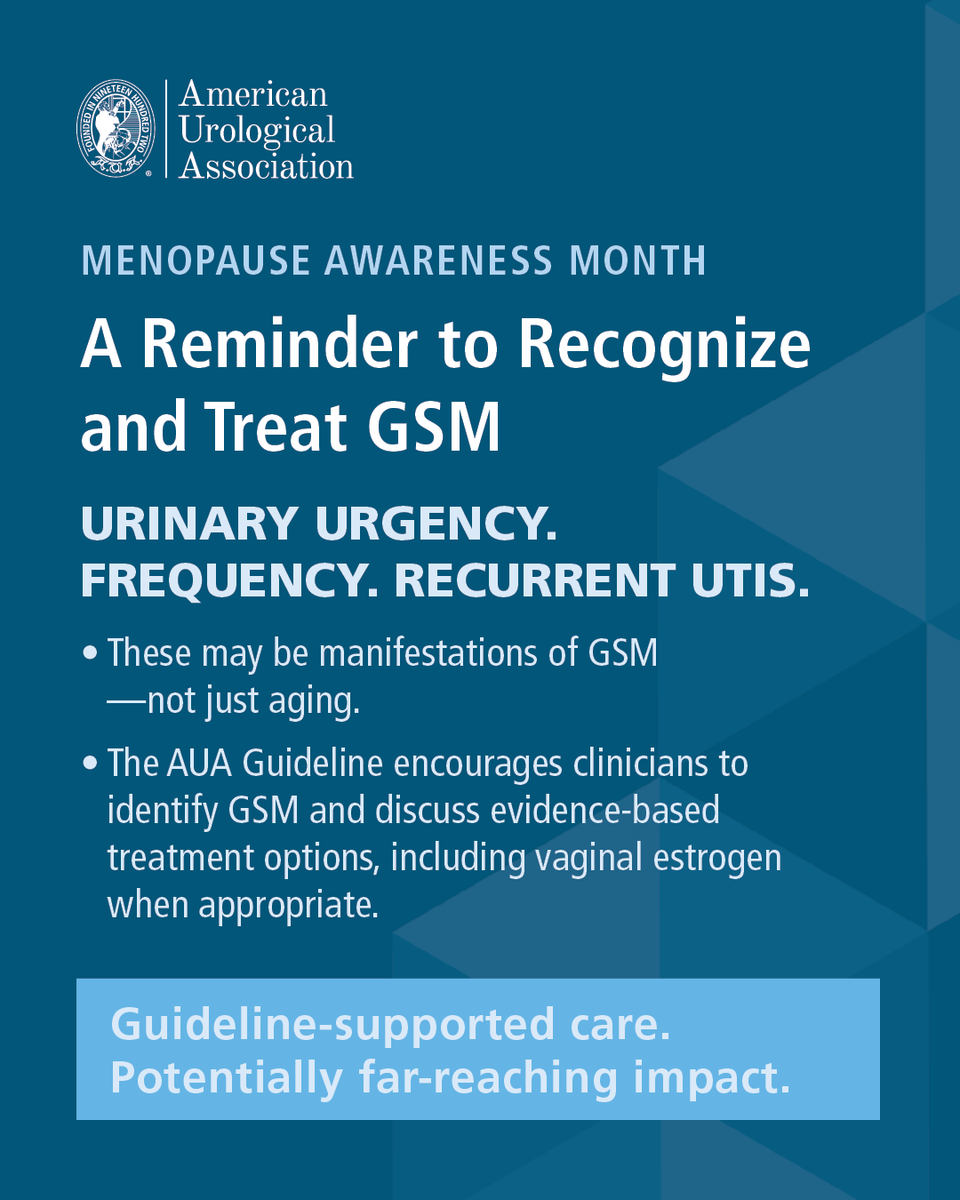 AmerUrological's tweet photo. ❓Could vaginal estrogen be doing more than preventing recurrent UTIs?

New real-world evidence by @Dr_Elise_De, suggests an association between vaginal estrogen use and lower rates of sepsis, hospitalization, and mortality among women with recurrent UTIs. The findings add to a growing body of evidence supporting the role of vaginal estrogen in appropriate patients with GSM and recurrent UTIs.

This #MenopauseAwarenessMonth, the AUA is highlighting the latest research and guideline recommendations to help urologists recognize GSM, discuss evidence-based treatment options, and improve patient care.

Swipe through for key takeaways from the data and its potential implications for GSM management, and click the link below to access our GSM Guideline!
🔗 https://t.co/vDQivxDMRj