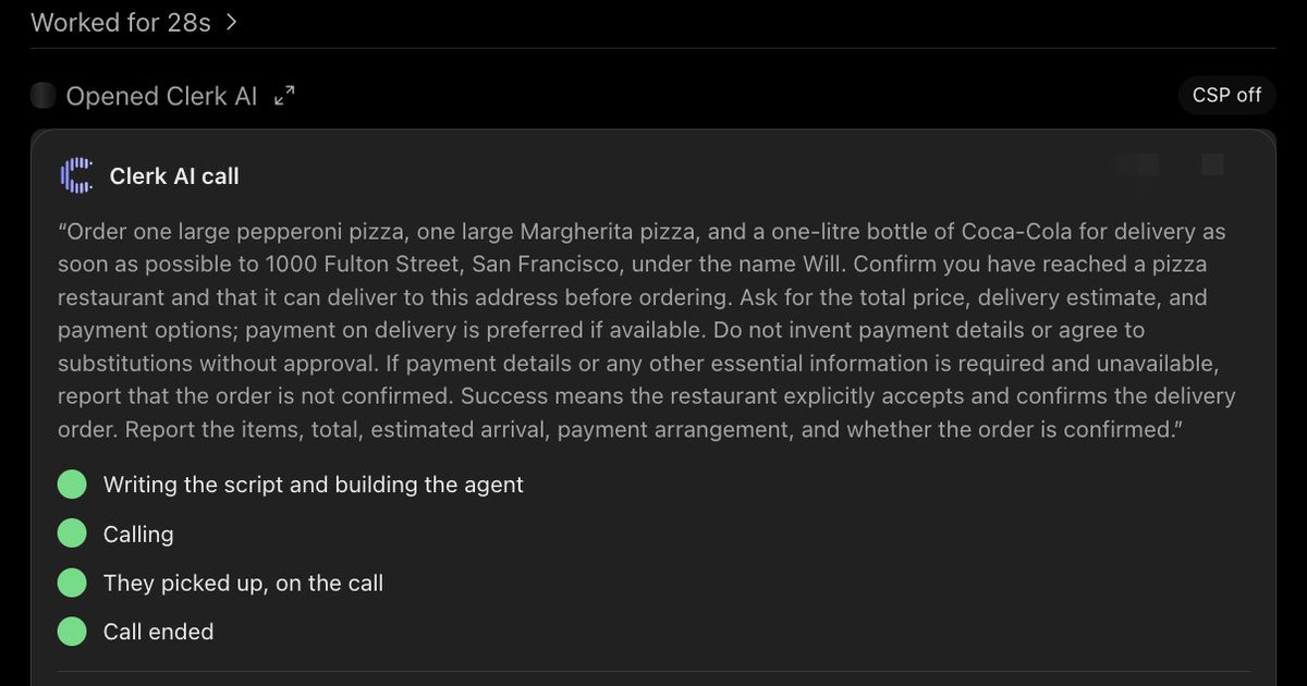 _williambowen's tweet photo. Get ChatGPT to make calls for you

Clerk AI Plugin. https://t.co/D7MYx4Je7r