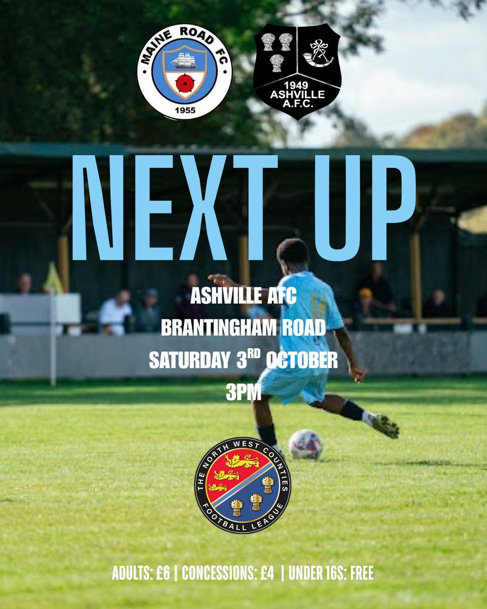 MaineRoadFC's tweet photo. NEXT UP | Ashville AFC
We’re back in action at home this Saturday.
📍 Brantingham Road
⏰ 3:00pm Kick-Off
🗓️ Saturday 3rd October
Come down and get behind the lads!
🎟️ Adults: £6
🎟️ Concessions: £4
🎟️ U16s: Free
Up The Road!
#MaineRoadFC #UpTheRoad https://t.co/xKoUBXqNfY
