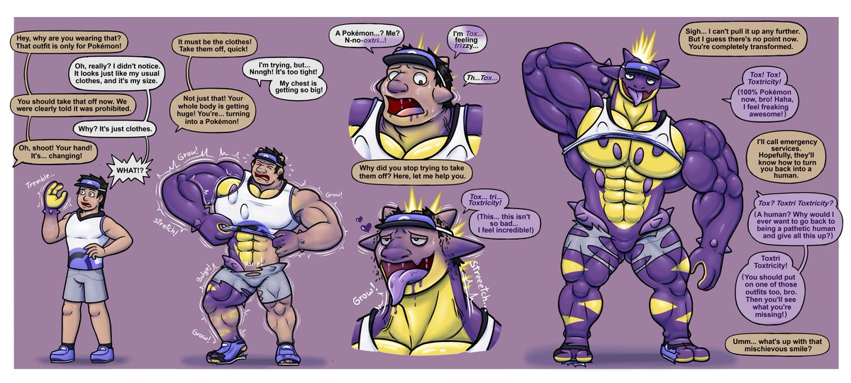 Regular_TF's tweet photo. Hi everyone! For today, here’s a Buff Toxtricity TF! 
Toxtricity was recently added to Pokémon Unite, so I wanted to try a TF with it, using the outfit he wears in the anime episode. I thought he looked really cute wearing that.
#TFEveryday #TFTuesday #Transfur #PokemonTF https://t.co/CGLK2aoMsS
