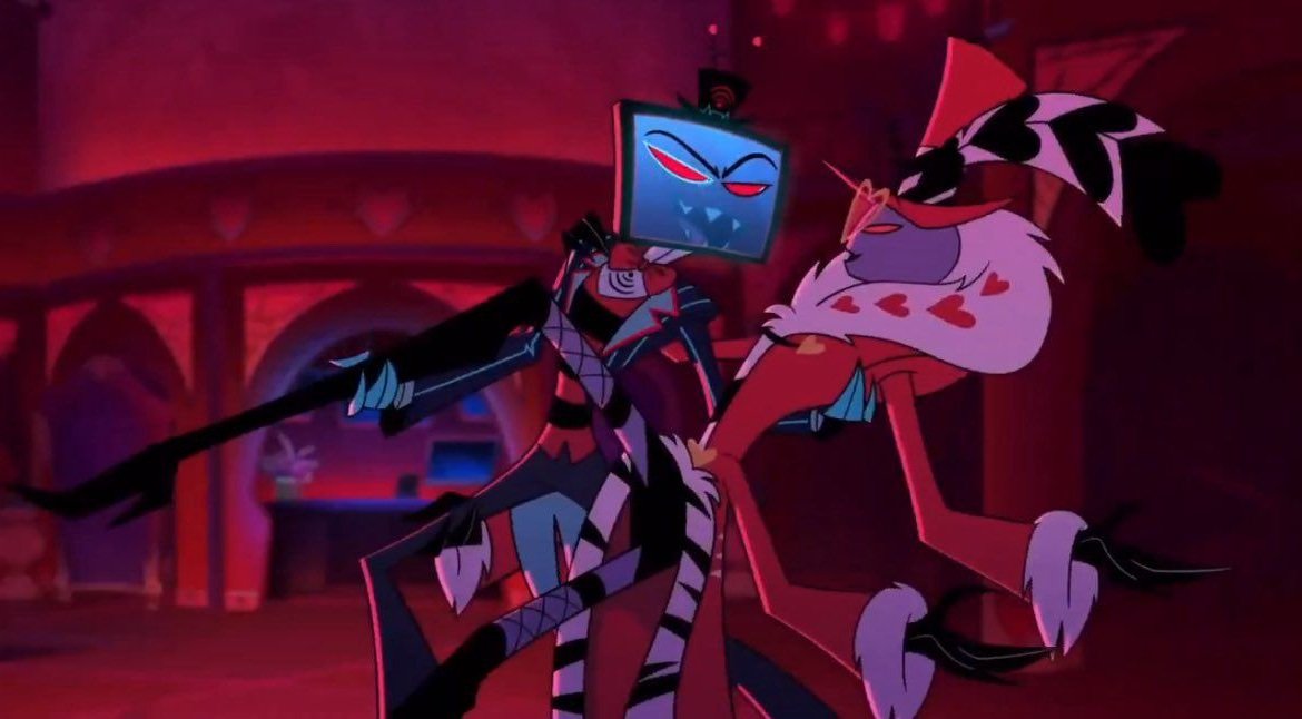 AustaAfterAll's tweet photo. Ah yes. "Val has no compatibility with Vox!" Val, the person who supports Vox, adores him, dances happily with him, and SAVED HIM FROM OFFING HIMSELF... no compatibility here! 

But Alastor? Sure. They argue and ragebait each other all the time. Such compatibility. Very canon! https://t.co/N8HDeb7YIY