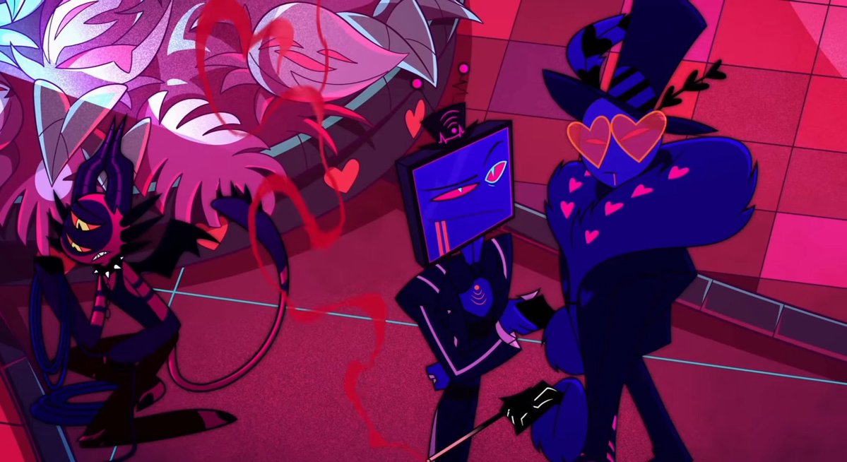 AustaAfterAll's tweet photo. Ah yes. "Val has no compatibility with Vox!" Val, the person who supports Vox, adores him, dances happily with him, and SAVED HIM FROM OFFING HIMSELF... no compatibility here! 

But Alastor? Sure. They argue and ragebait each other all the time. Such compatibility. Very canon! https://t.co/N8HDeb7YIY