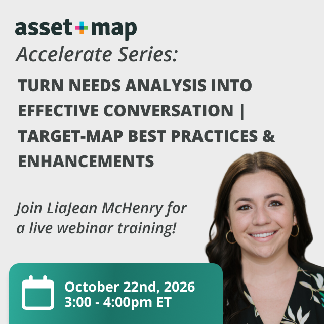 AssetMapLLC's tweet photo. The math is right. The assumptions are solid. The funding gap is calculated to the dollar. So why does your client's attention drift halfway through the conversation?

Needs analysis can turn into a wall of numbers fast, and that's usually the moment clients check out. Target-Maps turns complex goal analysis into something clients can actually see, follow, and act on, whether they're fully funded, underfunded, or somewhere in between.

Join LiaJean McHenry on Thursday, October 22 at 3 PM ET for a deep dive into Target-Map best practices:

✅ The math and logic behind the numbers
✅ Building side-by-side comparisons
✅ Cloning scenarios for what-if planning
✅ New Target-Maps preference enhancements that keep your assumptions aligned across your entire practice

Walk into your next planning session with a client who's leaning in, not tuning out.

👉 Save your seat: https://t.co/fm1EGwUuAl

#FinancialAdvisors #FinancialPlanning #WealthManagement #AssetMap #ClientEngagement