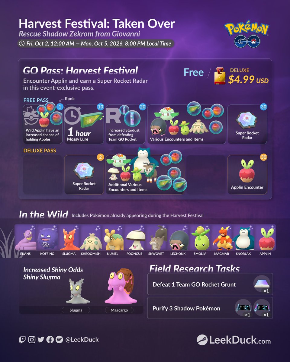LeekDuck's tweet photo. Team GO Rocket is using new Shadow Pokémon during the Harvest Festival: Taken Over event in Pokémon GO. 

Rescue Shadow Zekrom from Giovanni. Team GO Rocket Leaders and Grunts are using different Shadow Pokémon.

Full Details: https://t.co/ISkdi7R1HG https://t.co/Vd7rOowYzC