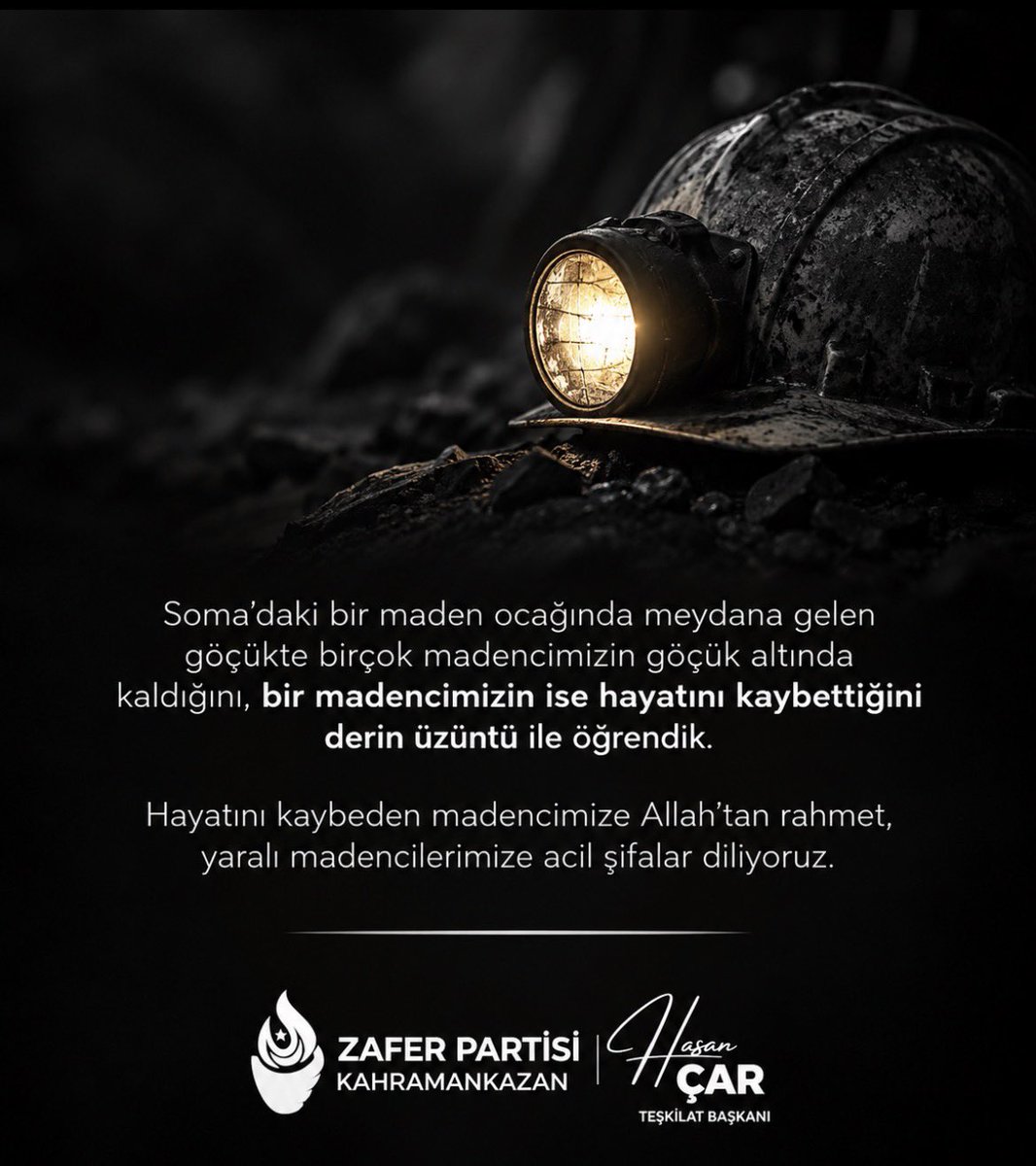 Hasancar06's tweet photo. Hayatını kaybeden madencimize Allah’tan rahmet, göçük altında kalan emekçilerimizin sağ salim kurtarılmasını diliyoruz. Dualarımız Soma ile.

#soma #ümitözdağ #zaferpartisi https://t.co/LHJWfv10TU