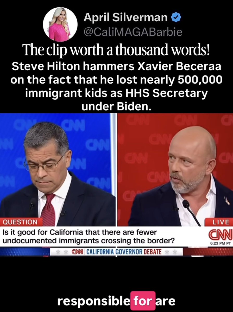 lu_lovesboxing's tweet photo. Steve Hilton gives incompetent Xavier Becerra real numbers.
1. 1/2 million migrant kids went missing under his leadership
2. 100s of thousands remain missing
3. 100k are under age 10
This is who the #democrats want to lead CA after Gavin Screwsom
#CAGovernor #elections https://t.co/3fGHdPFXWR