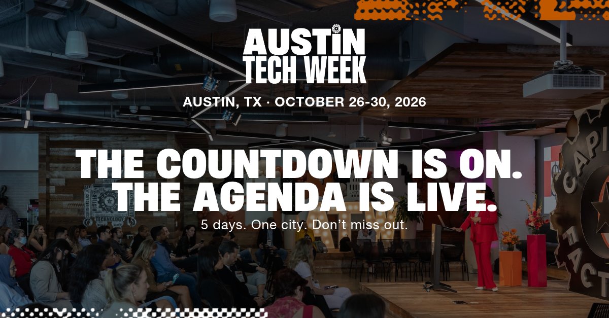 AustinTech's tweet photo. #AustinTechWeek is officially four weeks away! 👀
Oct. 26–30, founders, investors &amp; builders are taking over @STATION_Austin and the city!

The first wave of the agenda is LIVE! 🚀 Grab your badge &amp; map our your week!

👉 https://t.co/X3vXcu3CuR https://t.co/2XR4pkKb7t