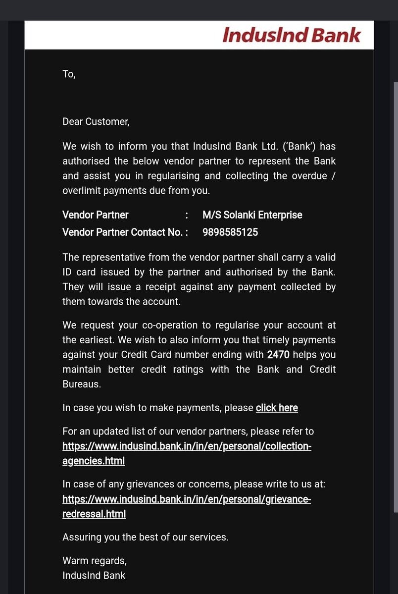 NrupanKumar's tweet photo. @MyIndusIndBank cc 2470 Bank sharing my personal data to third party recovery agency @RBI @RBIsays @jagograhakjago @PMOIndia https://t.co/4aFeUgyeyH