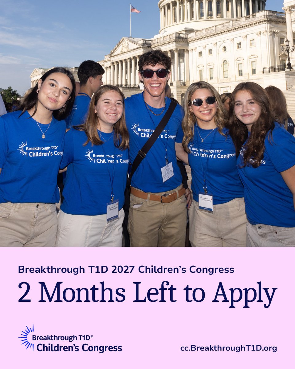 BT1D_Advocacy's tweet photo. There are two months left to apply for Breakthrough T1D 2027 Children’s Congress! During this unique event, selected Delegates travel to Washington, D.C. to meet with their Members of Congress and share their story on Capitol Hill. 

Interested? Submit your application by November 30 at https://t.co/mVjh1eEdrz! #BreakthroughT1DCC27