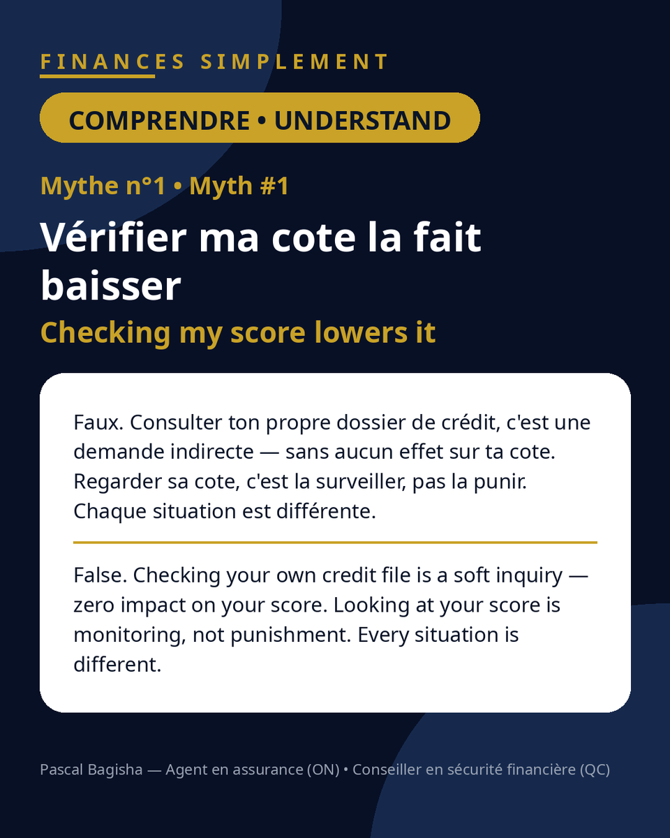 bagishapascal's tweet photo. 5 mythes sur la cote de crédit au Canada 🧵
Le n°1, presque tout le monde le croit : « regarder ma cote la fait baisser ». Faux.
Fais défiler 👇 Lequel tu croyais ? Commente ou écris-moi en DM. https://t.co/sqDz6oS22q