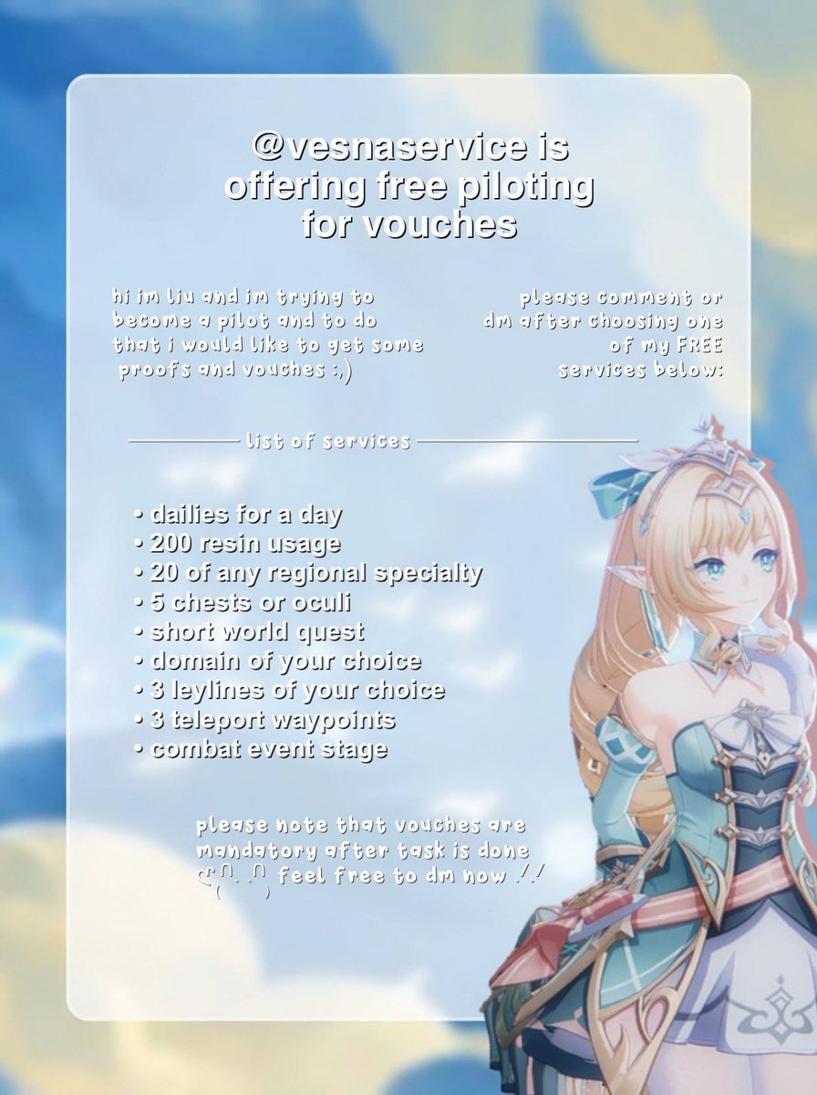 vesnaservice's tweet photo. is currently offering free piloting!
───⟢⊱  ۫ ׅ ♡ please read below &amp; dm or comment if you’re interested .ᐟ.ᐟ

only 5 spots so make sure to get it fast! ‧₊˚♪ 𝄞₊˚⊹ ad astra :,)

#genshintwt #promotwt https://t.co/k743N0Jt8h