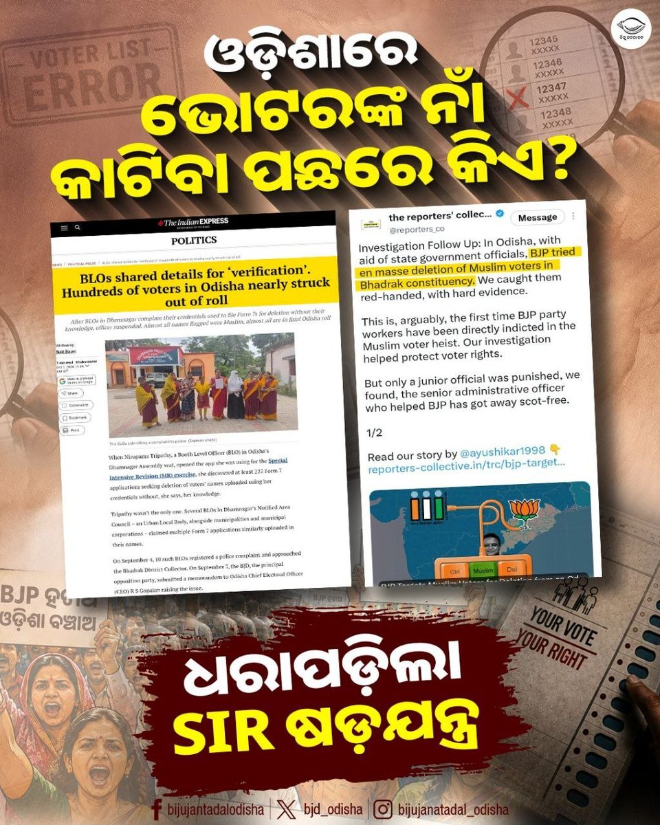 bjd_odisha's tweet photo. ଓଡ଼ିଶାର #SIR ଉପରେ ବଡ଼ ପ୍ରଶ୍ନ, ଧରାପଡ଼ିଗଲା ଭୟଙ୍କର ଷଡ଼ଯନ୍ତ୍ର।

ଏମିତି କାଟିଦେଲେ ଭୋଟରଙ୍କ ନାଁ। ଗଣତନ୍ତ୍ର ହେଉଛି ଦୁର୍ବଳ, ଲୋକେ ହରାଉଛନ୍ତି ଭୋଟ୍ ଅଧିକାର। 

#SIROdisha #SIRControversy #VoteChori #JababMaguchiOdisha https://t.co/QlaDwN2WbT