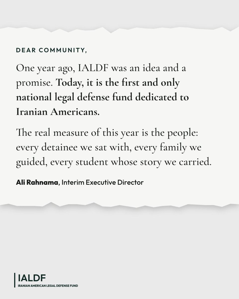 ialdf_official's tweet photo. One year ago, IALDF launched to defend the civil rights of Iranian Americans and asylum seekers. Today, we're sharing our first-year impact report.
https://t.co/XCkCChArFN
#IALDF #IranianAmerican #CivilRights #ImmigrantRights #ImpactReport https://t.co/v6empEhTzf