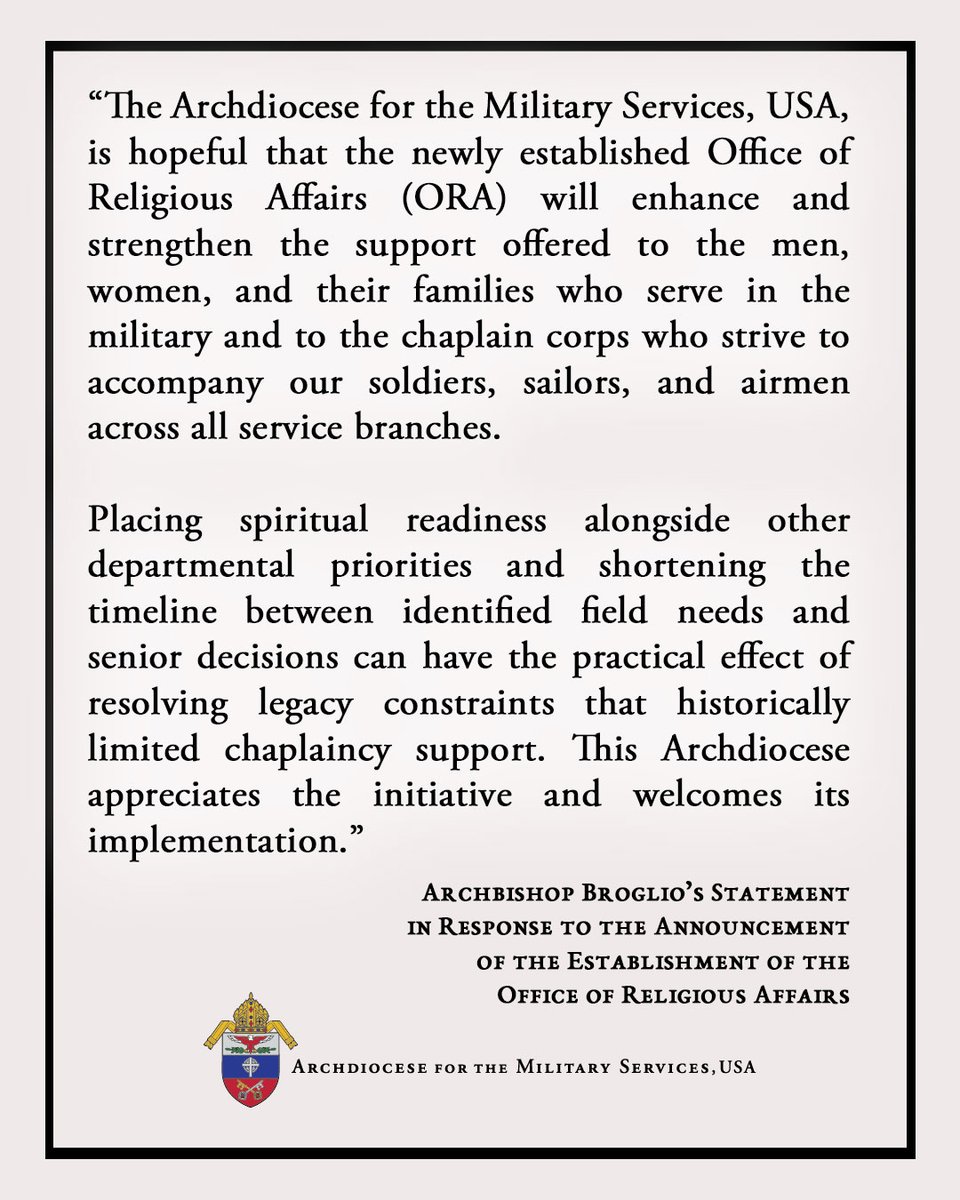 MilArchUSA's tweet photo. Archbishop Broglio has issued the following statement in response to the announcement of the establishment of the Office of Religious Affairs from the Secretary of War. https://t.co/9G50xy2mO5 https://t.co/ADiKkiaMcA