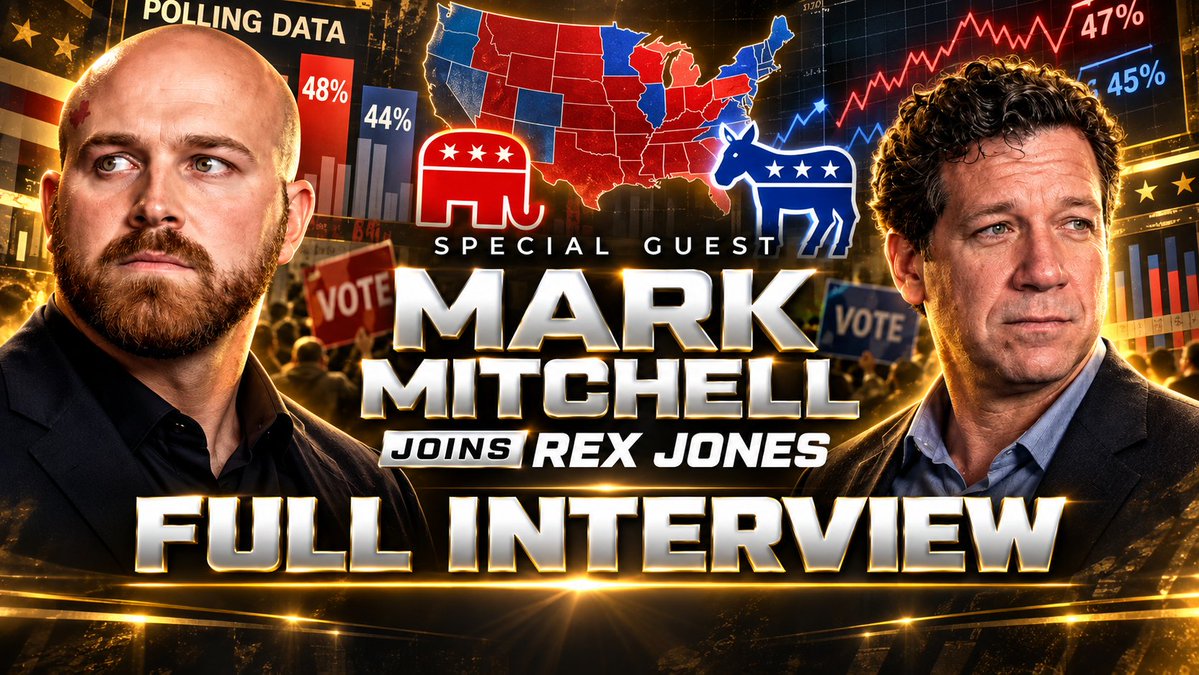 A promotional graphic announces "SPECIAL GUEST MARK MITCHELL JOINS REX JONES FULL INTERVIEW," featuring photos of both men against a backdrop of polling data (48%, 44%, 47%, 45%), a red-and-blue U.S. electoral map, and the Republican and Democratic party mascots. The image ties to the post's themes of two-party politics and polling analysis, visually reinforcing Mitchell's discussion about "two-party kabuki theatre" and the political landscape.