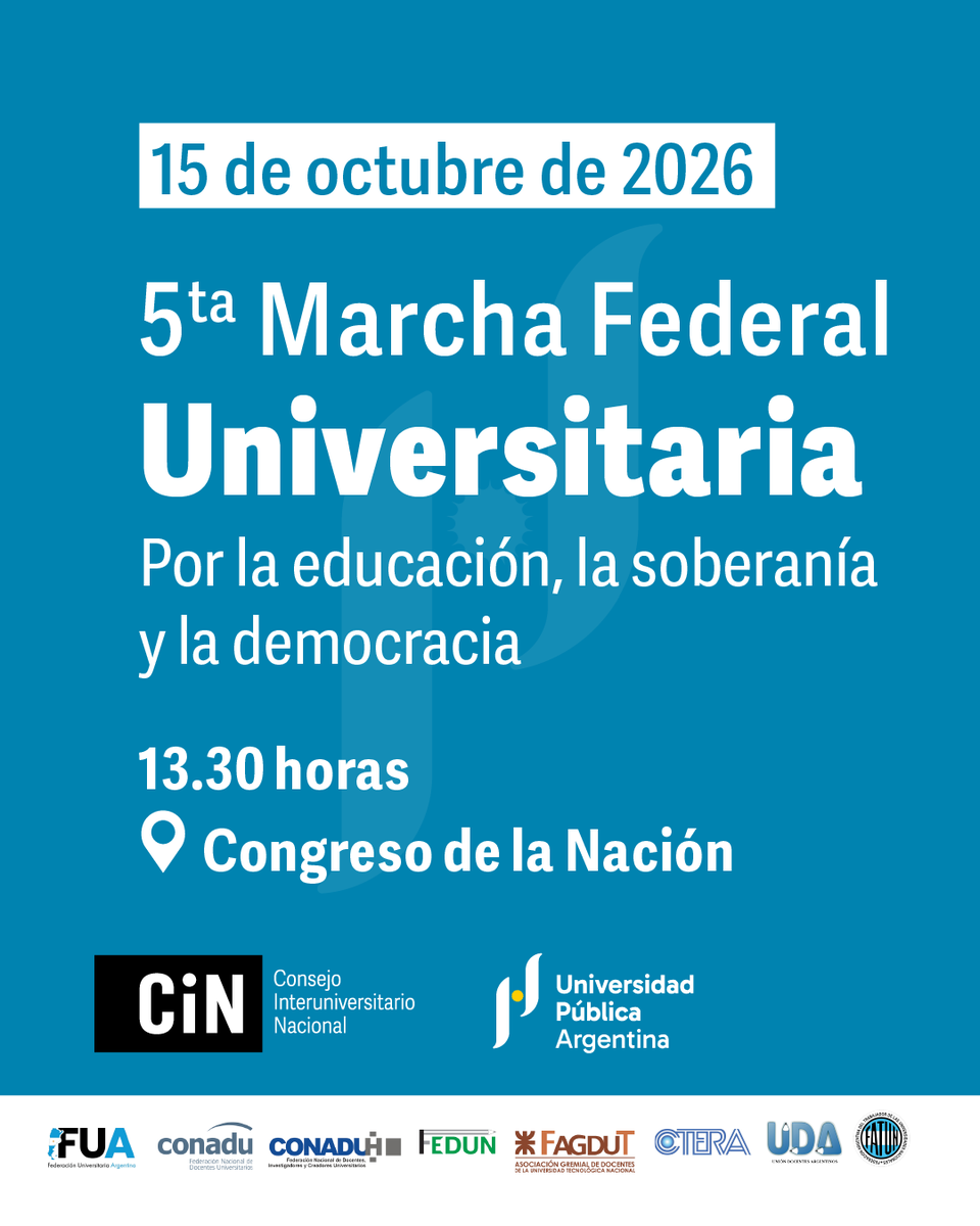 CINoficial's tweet photo. 🗣 Nos volvemos a encontrar para defender la universidad pública argentina y el sistema científico nacional.

📅 15 de octubre
📍 Congreso de la Nación
🕜 13.30 horas
#EducaciónSoberaníaDemocracia #UniversidadPúblicaSiempre https://t.co/VfGUD93rkI