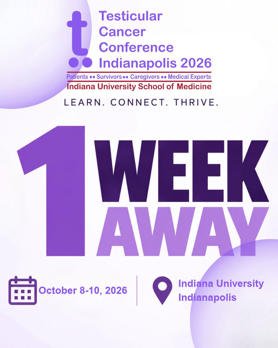 TestesCancer's tweet photo. 💜 ONE WEEK TO GO!

Testicular Cancer Conference Indianapolis 2026, presented by @FennecPharma, starts next week!

Registration closes tomorrow at midnight.

Come learn from leading medical experts, ask questions & connect with people who understand.

📅 Oct. 8–10
📍 @IUIndianapolis | Indianapolis

Register today: https://t.co/leMamaO3Q2

#TesticularCancer