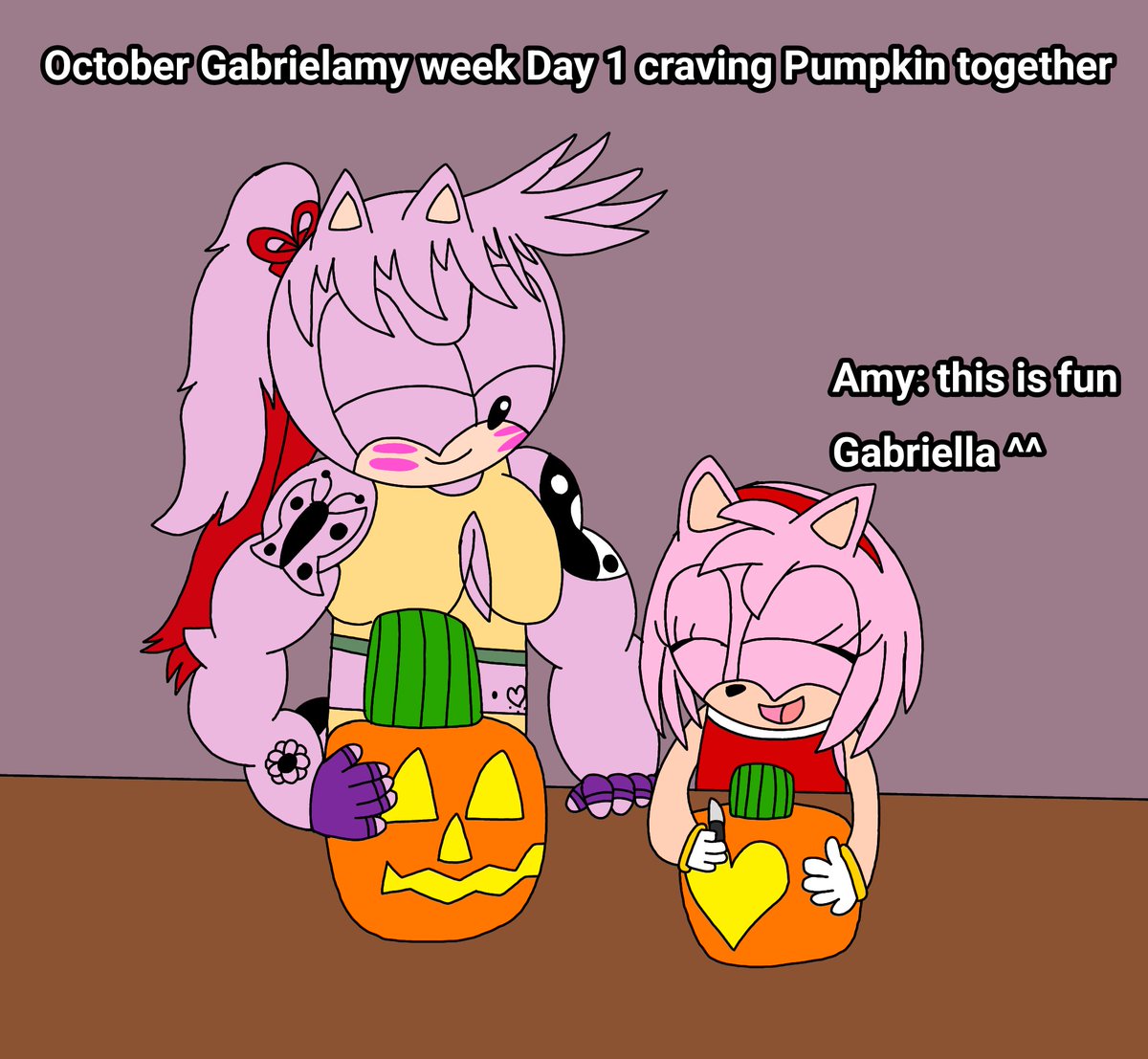 imposterpinkie5's tweet photo. Oct Gabrielamy week Day 1 pumpkin craving together

I made my oc Gabriella and Amy rose craving pumpkin together ^^ I hope you guys like it ^^

#halloween  #octobergabrielamyweek  #pumpkincarving #sonic #amyrose #sonicoc https://t.co/mILzzNh4Iz
