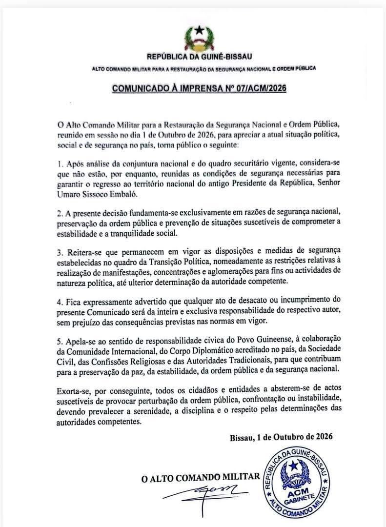 MadiambalD's tweet photo. La junte refuse catégoriquement le retour, prévu pour le dimanche 4 octobre 2026, à Bissau, de Umaro Sissaco Emballo. L'ancien Président avait annoncé se représenter à l'élection présidentielle prévue pour le 02 décembre 2026. https://t.co/0pSLe6FbzD