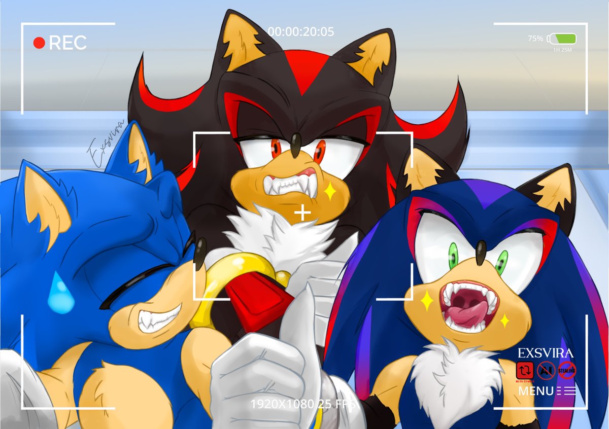 exsvira's tweet photo. Hello! I’m a little late because of an upcoming event, but I’m happy to share my art for the #Sonictober2026 challenge, Day 1 — TEETH 🦷
I think I still need more practice with coloring, though. What do you think?
I drew #Sonadow and their #SonadowKids, Static, taking a selfie!📸 https://t.co/l3SenSDWwS