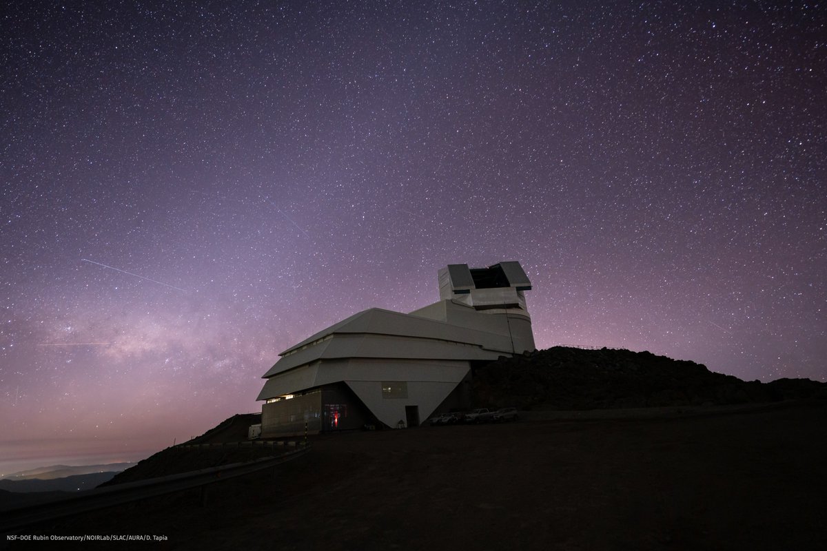 VRubinObs's tweet photo. Not a bad office view🌌

In this image of NSF–DOE Rubin Observatory, we see the Milky Way plus the ghostly glow of zodiacal light caused by sunlight reflecting off dust in the Solar System.

Zodiacal light is super faint, but Cerro Pachón's dark skies make it possible to see!🌌 https://t.co/thqHEdh4YL