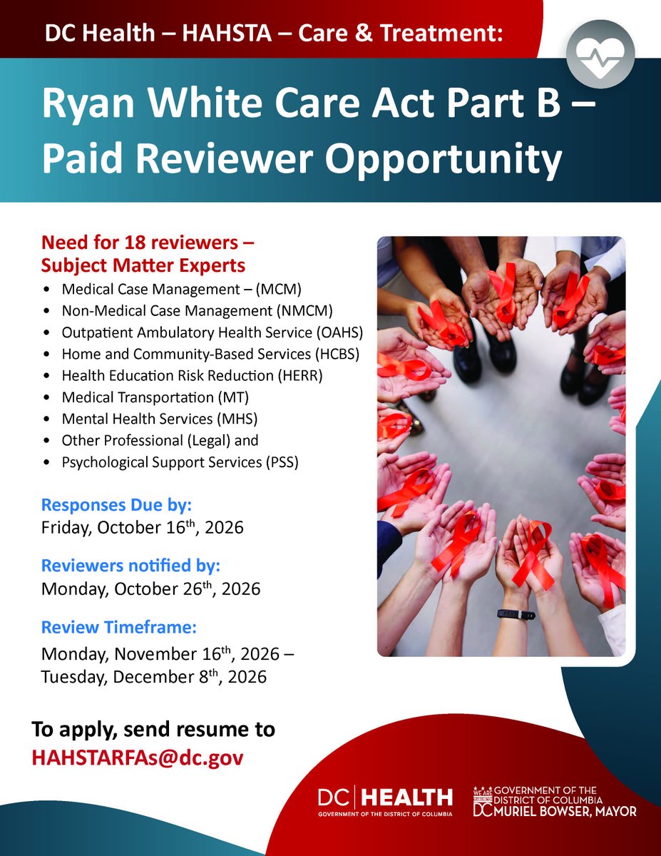 _DCHealth's tweet photo. 🚨 SMEs Wanted! We are looking for 18 Subject Matter Experts to review proposals for our medical &amp; support services.

📅 Key Dates:
• Due: Oct 16, 2026
• Notified: Oct 26
• Review: Nov 16–Dec 8

📧 Apply: Send your resume to HAHSTARFAs@dc.gov! https://t.co/Lv2CbzHg1S