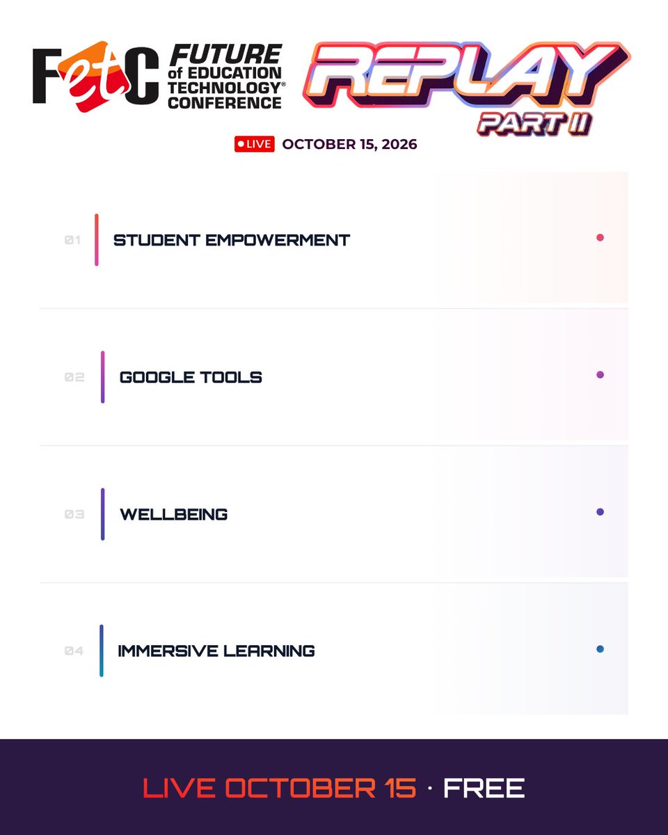 fetc's tweet photo. Four sessions. Four ways to bring something new back to your school. 🔁

#FETC Replay Part II is live Oct. 15 with sessions on Google tools, student wellbeing, immersive learning + more.

Free to attend live or on-demand.

https://t.co/9O5cArfQSK https://t.co/92sU50P1gw