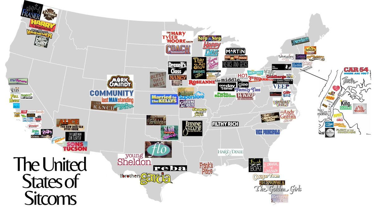 infodexx's tweet photo. Map of American Sitcoms. https://t.co/gPuL1PII97