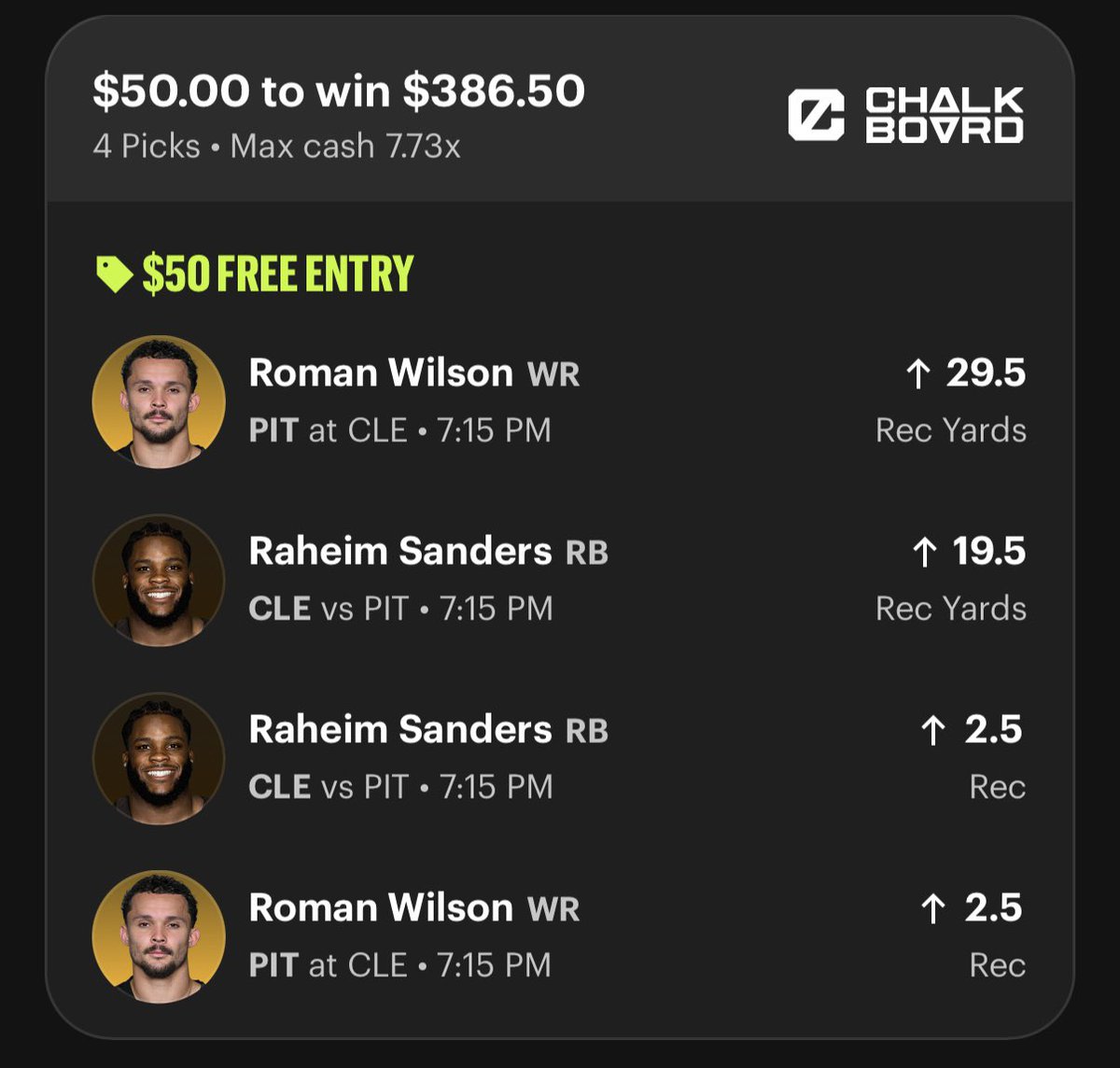 CushPlayerProps's tweet photo. TNF PIT v CLE Best Alt Props🏈

Raheim Sanders +3 rec +20 yards🪜

📍Sanders is the Browns pass catching RB, and ranks 15th in yards per route run (1.83() this year.

📍Steelers are allowing the 4th highest target share (21.9%) and the 9th most receiving yards to opposing running backs (106.0) this season.

📍Fits the close and/or trailing game script, game has a 38.5 o/u and -3pt spread.

Roman Wilson +3 rec +30 yards🪜

📍Leads the team with a 1.73 yards per route run rate against man coverage this season, and  2.33 yards YPRR last season. Browns defense that runs a league high 43.5% man defense.

📍Has 3+ receptions, 6 targets, and at least 28 receiving yards in each of his first three games this season.

📍D.K. Metcalf will likely draw shadow coverage from the browns elite corner Denzel Ward which will open things up for secondary options like Roman.

LMK if riding!🤑👇