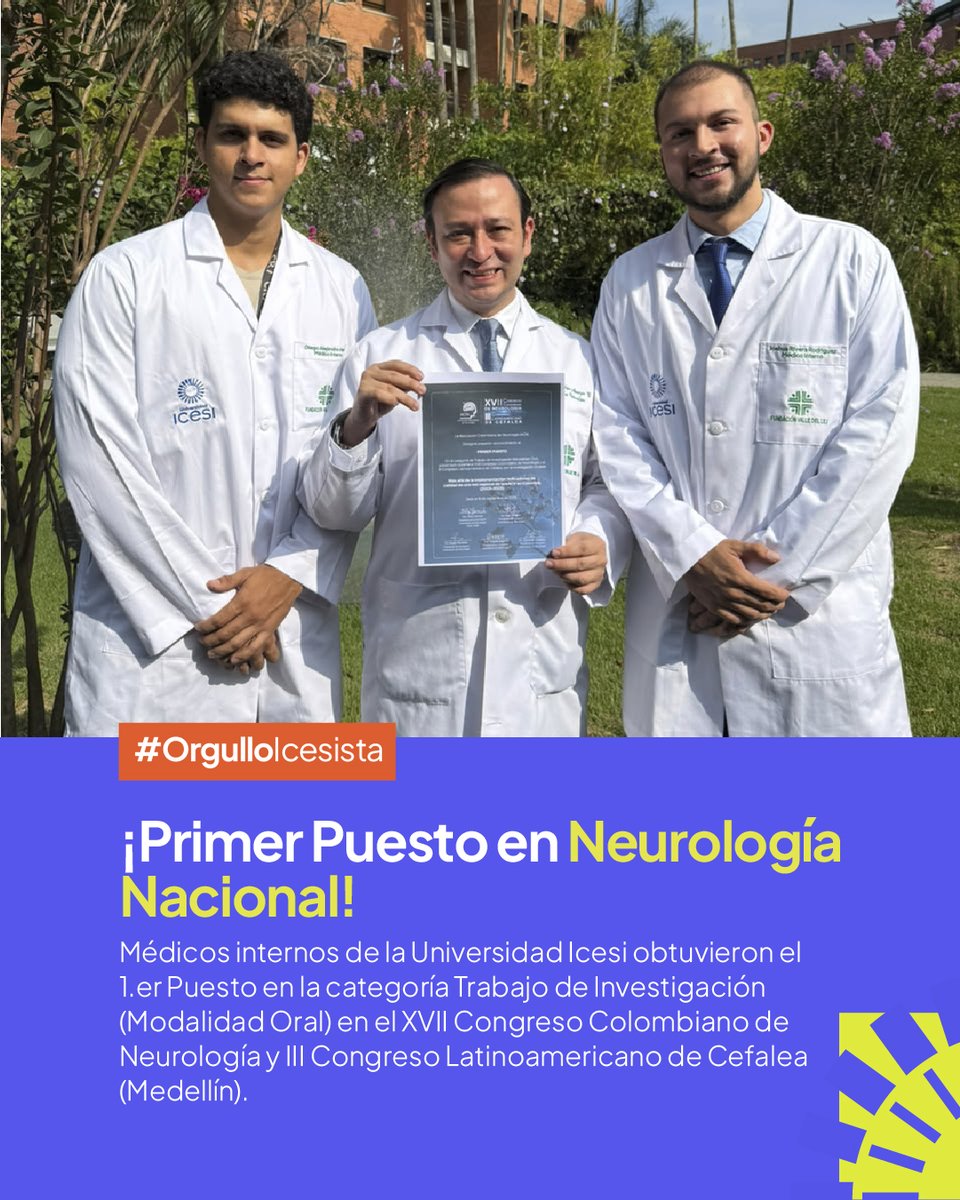 icesi's tweet photo. 🧠🏆 #TalentoIcesi que llega más lejos.

¡Primer puesto en Neurología Nacional! 

Los médicos internos Joshua Rivera y Diego Alejandro Henao, de la Universidad Icesi y la Fundación Valle del Lili, obtuvieron el https://t.co/GntBjvyGaV puesto en la categoría Trabajo de Investigación (Modalidad Oral), en el XVII Congreso Colombiano de Neurología y III Congreso Latinoamericano de Cefalea, realizado en Medellín.

Su investigación, “Más allá de la implementación: Indicadores de calidad de una red regional de TeleACV en Colombia (2023-2025)”, refleja el compromiso con una medicina que investiga, innova y genera impacto en la salud de las personas.

Este reconocimiento es también resultado del trabajo conjunto entre la Universidad Icesi y la Fundación Valle del Lili, Hospital Padrino, una alianza que potencia la formación, la investigación y el talento en salud.

💙❤️💛 “Representar a la Universidad Icesi frente a especialistas y subespecialistas nos llena de mucho orgullo y felicidad”.

#LlegaMásLejos #Icesi #Cali