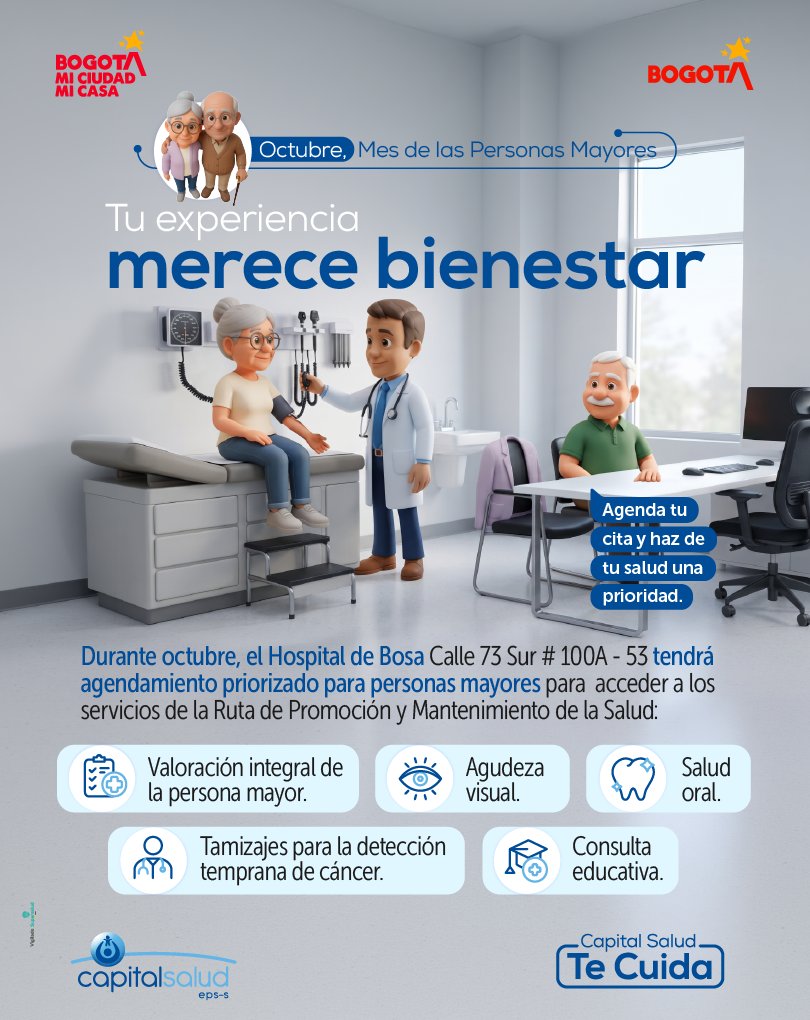Capitalsalud's tweet photo. 👵👴 Octubre es el Mes de las Personas Mayores y en Capital Salud queremos recordarte que tu experiencia merece bienestar. Durante este mes, el Hospital de Bosa tendrá agendamiento priorizado para personas mayores.  Agenda tu cita. #CapitalSaludTeCuida✅ https://t.co/EjgitaODXG