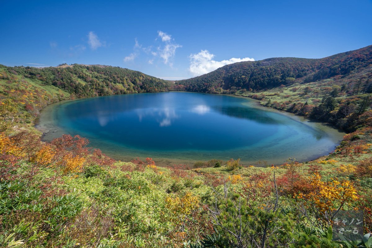 GTR_zaskar's tweet photo. 昨日は鎌沼経由で一切経山から家形山へ。「魔女の瞳」の🍁紅葉🍁はほぼ見頃。今年は雨続きで🍁紅葉🍁はどうなのか心配でしたが、ほぼ例年と変わらない美しい🍁紅葉🍁を見ることができました。いつにも増してコバルトブルーの水面が綺麗に見えたのは気のせいだったかな…？
(2026.10.01) https://t.co/7v54qhMFTw