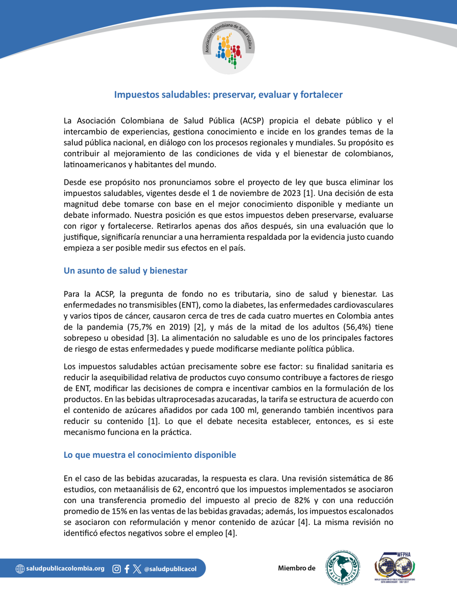 RonnySuarez_'s tweet photo. Importante

La @saludpublicacol respalda la continuidad de los impuestos saludables porque la evidencia internacional los vincula con menor compra de bebidas azucaradas y reformulación. Pide preservarlos y evaluarlos con rigor (sigue)... https://t.co/1DZjAlSqmO