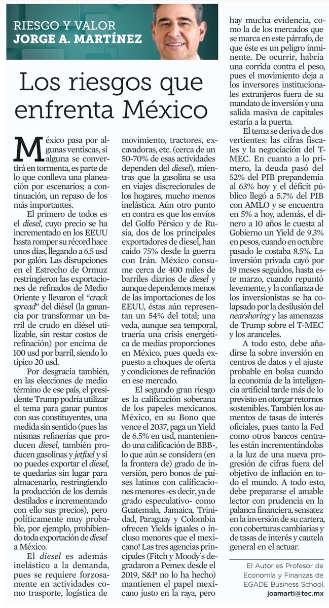jamgcfa's tweet photo. Les comparto mi artículo “Los riesgos que enfrenta México”, publicado en el periódico Reforma el 29 de septiembre de 2026. Un repaso por escenarios: el diésel, la calificación soberana en la raya del grado de inversión y la presión sobre el peso. #Economía #México https://t.co/CzF5fPHDTP