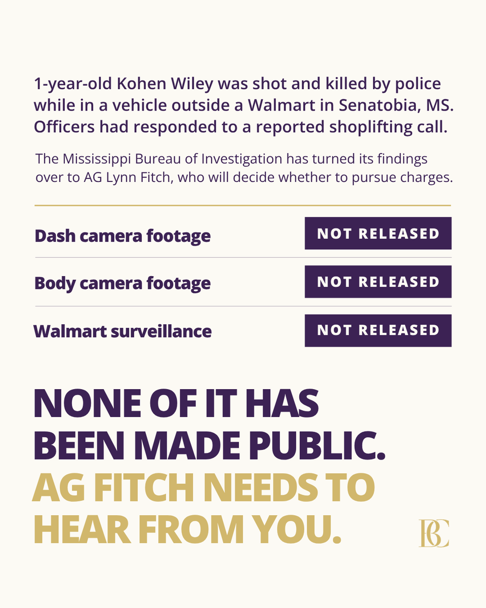 AttorneyCrump's tweet photo. Kohen Wiley was only 1 when police shot and killed him outside a Walmart in Senatobia, Mississippi. NONE of the footage has been released. His family deserves the truth. Visit our action page to urge the AG to release the footage: https://t.co/TCktzcKHUi https://t.co/fBAq5kOvgZ