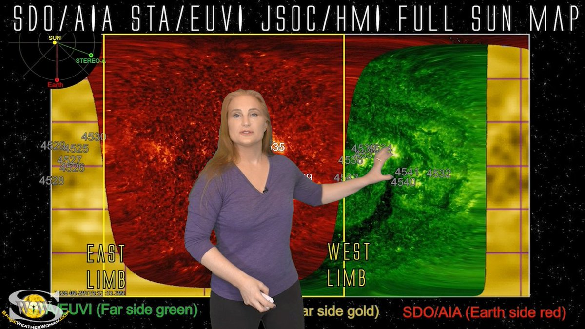 TamithaSkov's tweet photo. The new #SpaceWeatherWoman forecast is up! Learn the details of the coming solar storm side swipe, see when we last saw a heart-shaped coronal hole, and take a 3D tour with the solar storm visualizer to discover what aurora chances are this week. A large cluster of regions is also rotating back into view & that should make radio amateurs smile: https://t.co/zEOn3vSbjd (no paywall + graphics)