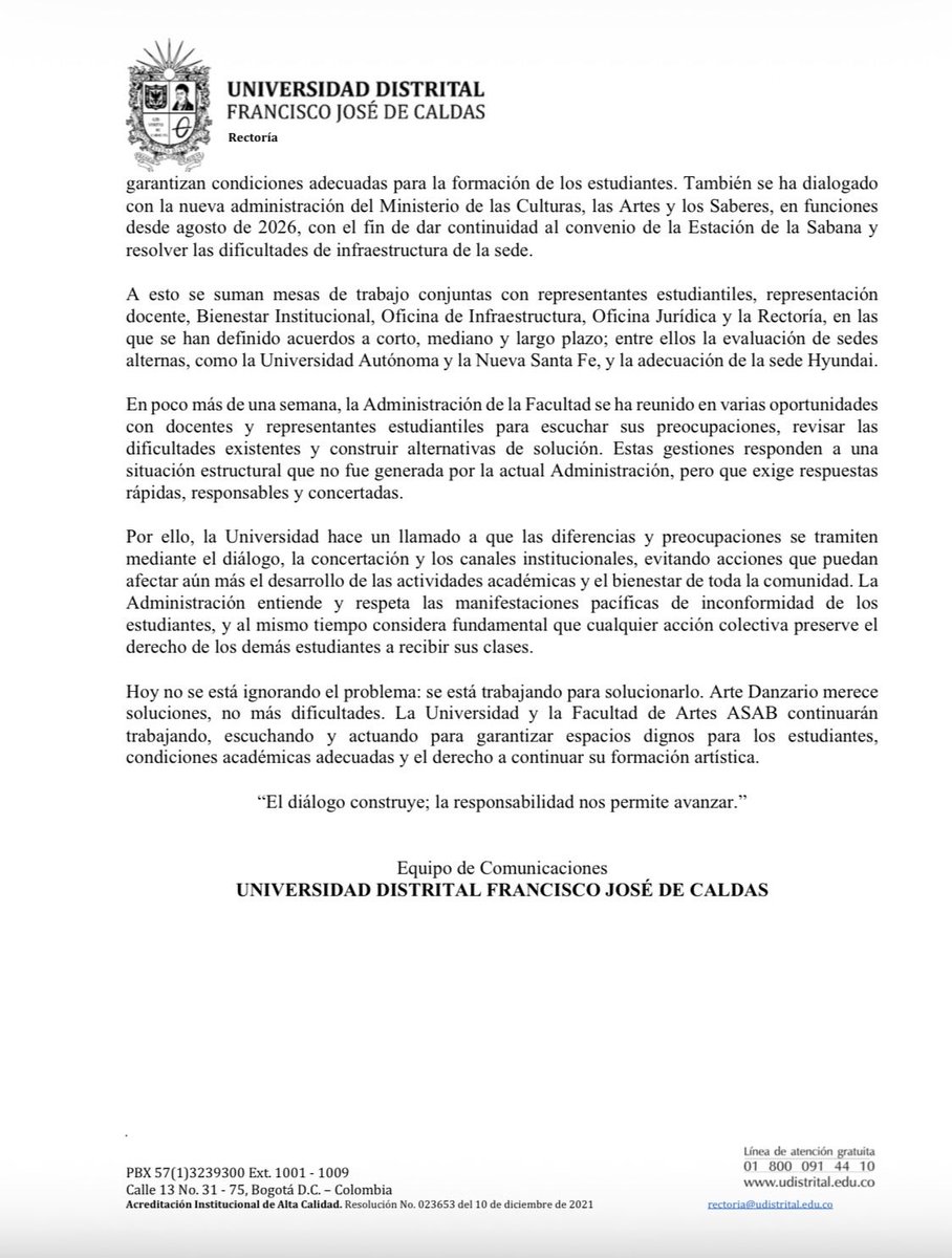 udistrital's tweet photo. #ComunicadoUD  || Avanzamos en la búsqueda de soluciones para el Proyecto Curricular de Arte Danzario.

Junto a la Facultad de Artes ASAB hemos adelantado gestiones para garantizar espacios adecuados para la formación de nuestros estudiantes. https://t.co/OUBeNzYz5m