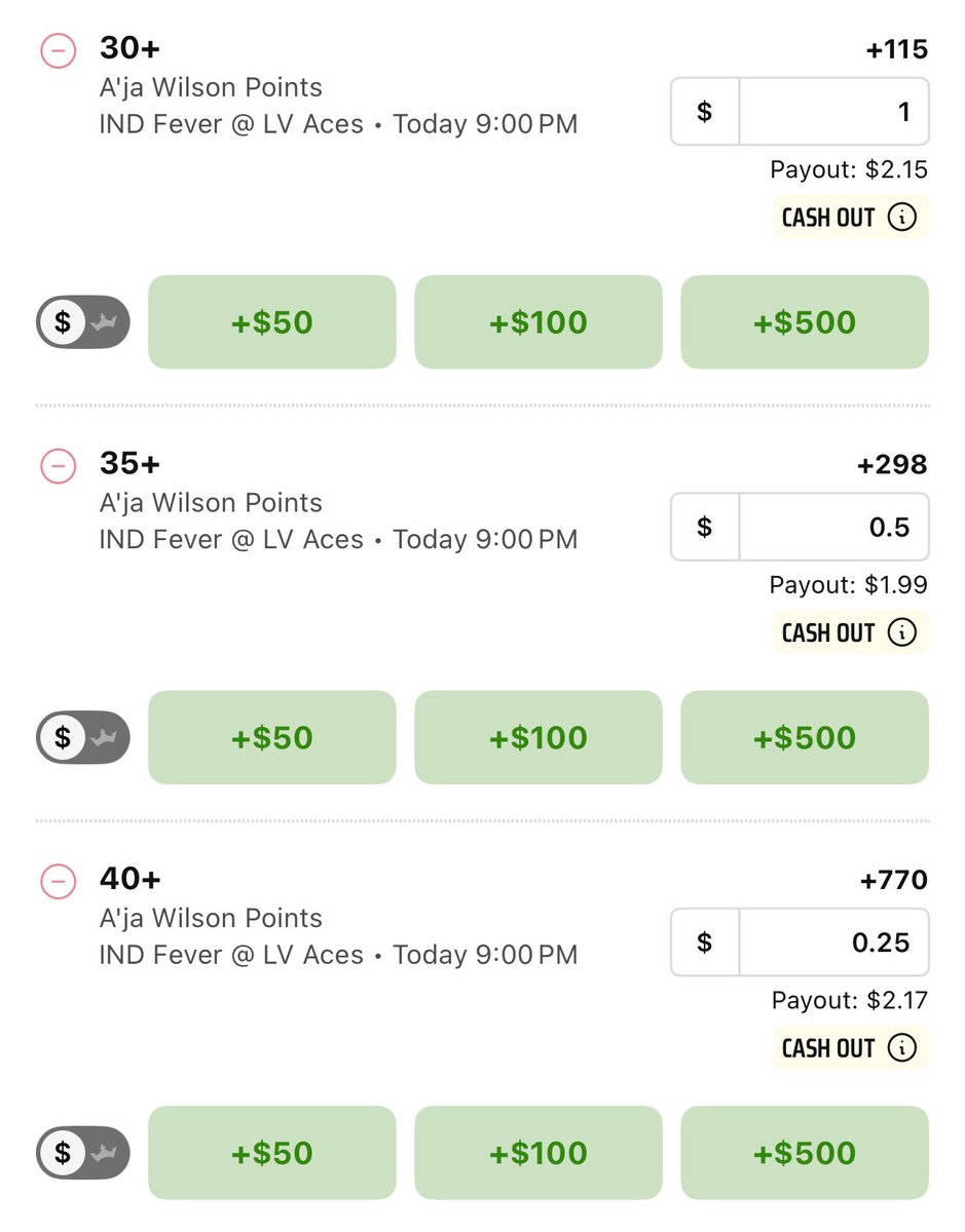PrycePicks's tweet photo. WNBA Play 🏀 

A’ja Wilson Points Ladder 🪜 

There is no one better than Aja Wilson in the WNBA. It’s game 3 of the Aces vs Fever and I expect the best WNBA player to show up. In game 1 at home, she scored 38 points and now they are back home for game 3 in a do or die game. The narrative is just too good due to what happened last game and I expect her to come out with a chip on her shoulder. She should play 35+ minutes (honestly maybe close to 40 minutes which is the entire game if it stays close) and she can score 40 any given day

Official Play:
30 Points - 1 unit
35 Points - .5 unit
40 Points - .25 unit

#GamblingX #WNBA