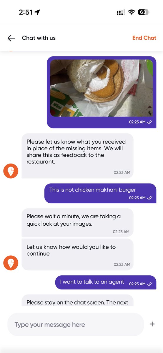 Kumar0615's tweet photo. @Swiggy @SwiggyCares this is honestly unacceptable. I ordered a Chicken Makhani Burger, but received a normal Chicken Burger, and a Taco was completely missing. I shared the photo of the incorrect item with your support at 2:23 AM itself. https://t.co/0NSyIa3PGZ