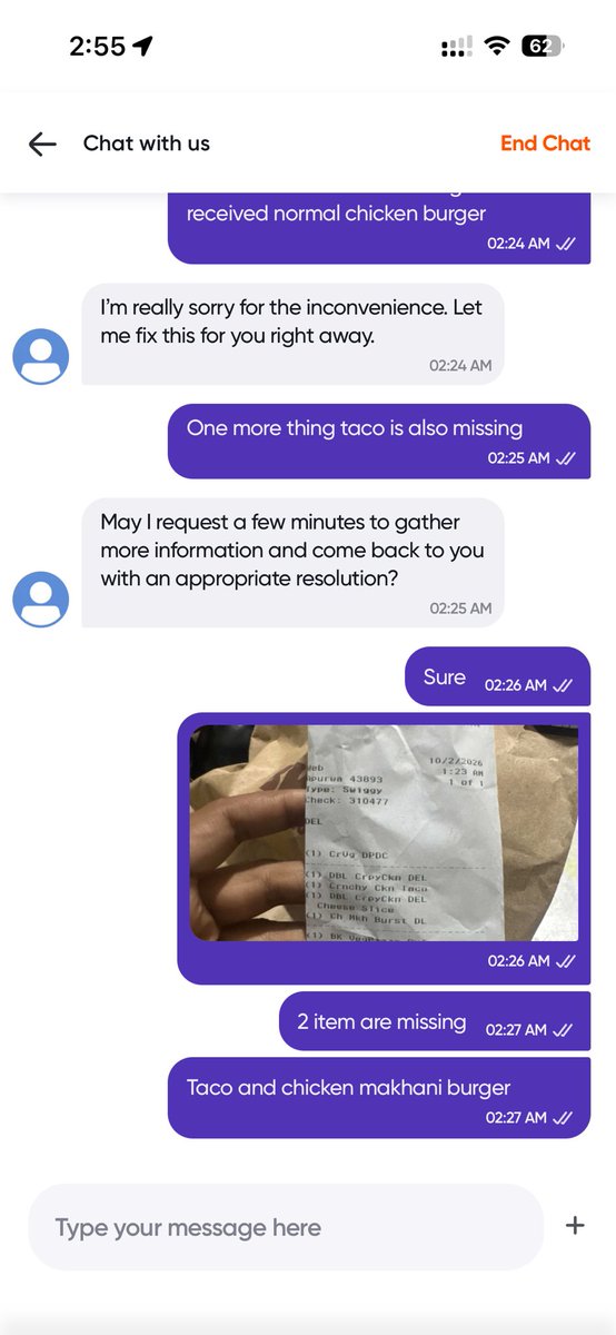 Kumar0615's tweet photo. @Swiggy @SwiggyCares this is honestly unacceptable. I ordered a Chicken Makhani Burger, but received a normal Chicken Burger, and a Taco was completely missing. I shared the photo of the incorrect item with your support at 2:23 AM itself. https://t.co/0NSyIa3PGZ