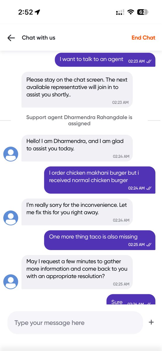 Kumar0615's tweet photo. @Swiggy @SwiggyCares this is honestly unacceptable. I ordered a Chicken Makhani Burger, but received a normal Chicken Burger, and a Taco was completely missing. I shared the photo of the incorrect item with your support at 2:23 AM itself. https://t.co/0NSyIa3PGZ