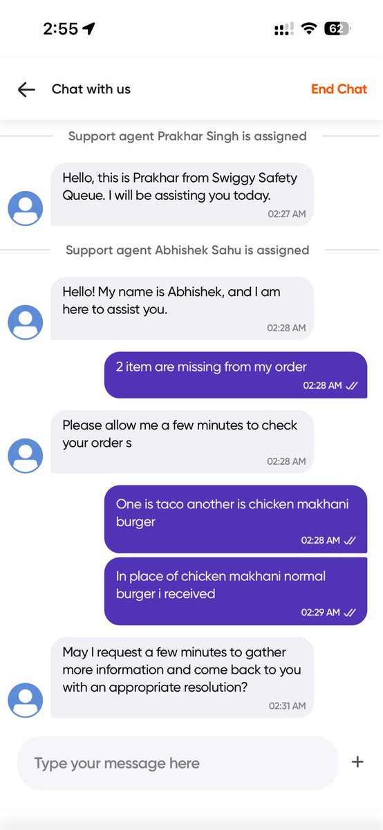 Kumar0615's tweet photo. @Swiggy @SwiggyCares this is honestly unacceptable. I ordered a Chicken Makhani Burger, but received a normal Chicken Burger, and a Taco was completely missing. I shared the photo of the incorrect item with your support at 2:23 AM itself. https://t.co/0NSyIa3PGZ