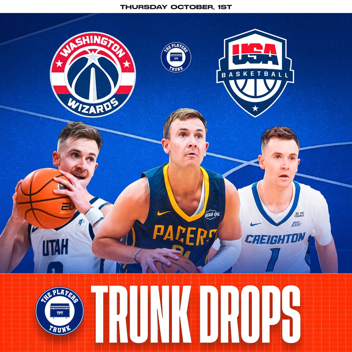 theplayerstrunk's tweet photo. Big night of drops 🏀🔥

Going LIVE tonight at 8PM ET:

🏀 Washington Wizards gear
🇺🇸 Team USA Basketball gear
🎒 Steven Ashworth Trunk — Creighton, Utah State &amp; Indiana Pacers gear

Three drops. One night. Don’t miss it. https://t.co/ZG1t05bvm5