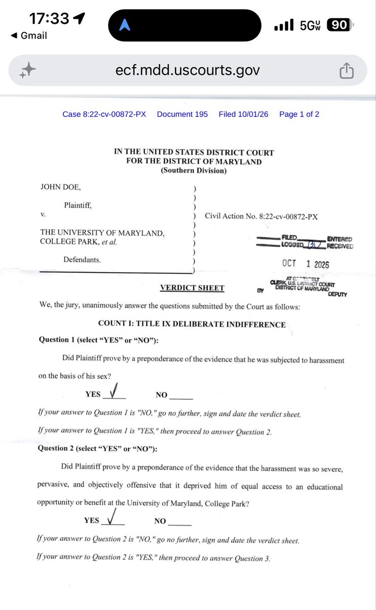 kcjohnson9's tweet photo. Just in:
First-of-its-kind verdict: Jury holds @UofMaryland liable for gender discrimination in case filed by wrongly acc’d student. After not-guilty TIX finding by campus tribunal, student was harassed by victims’ rights group. Reported it to UM but TIX office did nothing.
@BenNorth95 briefed case thru summary judgment; Jared Roberts prevailed at trial.