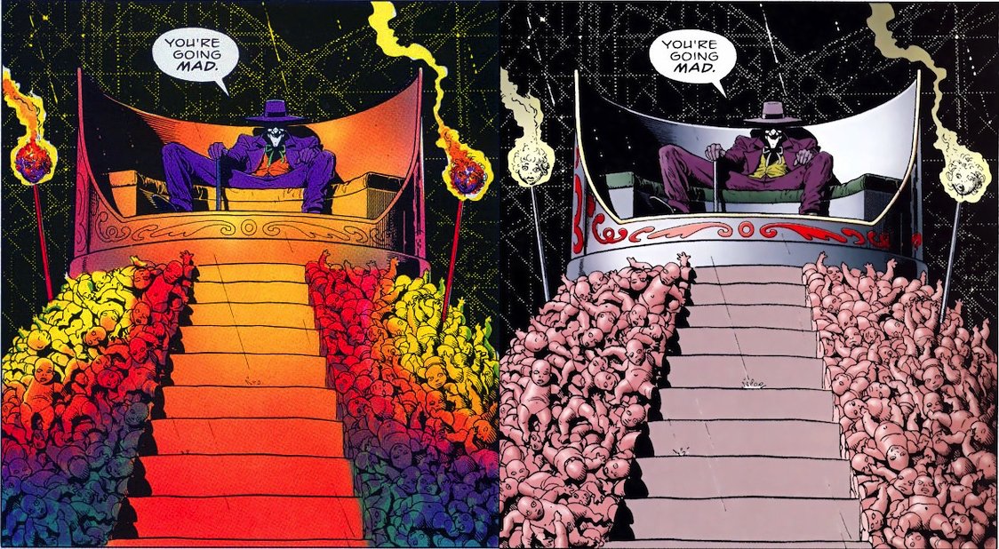 RhockoHarrison's tweet photo. I like Killing Joke more than most, but a good chunk of that is due to the og colors. The weird feeling like you're reading some twisted 60s campy Batman book and then you see Babs get shot and that "here's to crime" is pure vibes. https://t.co/L1Je8w4NRG